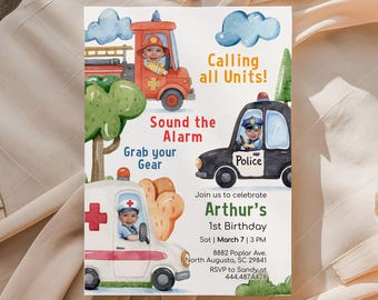 Editable Emergency Vehicles Birthday Invitation Photo Printable First Responder Personalables Firetuck Police Car Ambulance Invite Evrb01