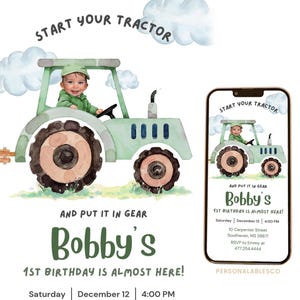 Modificabile Avvia il tuo trattore Invito animato per il primo compleanno con foto Personalizzabili Trattore agricolo Camion impegnato Invito animato per cellulare Ftgy01