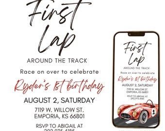 Invitación de primer cumpleaños editable con diseño de coche de carreras en la primera vuelta. Personalizable en vídeo. Vídeo de invitación electrónica animada para móvil con diseño de coche de carreras en la primera vuelta. Rcbr01