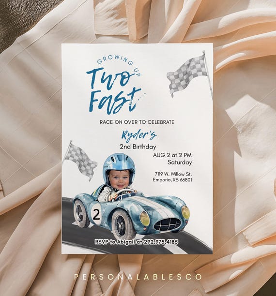 Editable Two Fast 2nd Birthday Printable Invitation Personalables Grow Up Two Curious Race Car Blue Boy Digital Electronic Invite Rcbr01
