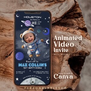 May include: A blue and purple animated video invitation for a 1st birthday party. The invitation features a baby dressed as an astronaut in a space-themed setting. The text on the invitation reads "Houston, we have a one year old. 3, 2, 1, Blast off to Max Collin's 1st Birthday. October 26th at 7-8 PM. 859 Cobblestone Street, El Dorado, AR 71730. RSVP to Pearl at 527.494.0806. Easy to edit in Canva. Personalablesco."