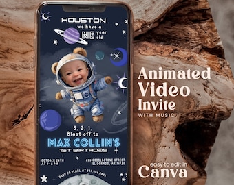 Editable Outer Space 1st Birthday Animated Invitation With Photo Astronaut Boy First Trip Around Sun Galaxy Planet Blast Off Invite Sabv01