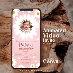 Invito video di compleanno modificabile Daisy Pink per qualsiasi età, personalizzato, con fiori, boho, margherite, animato, elettronico, per cellulare, Dfpp01