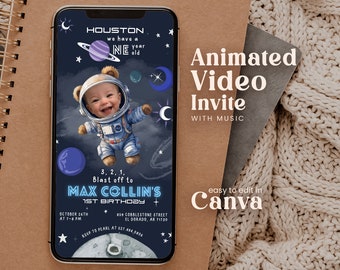 Editable Outer Space 1st Birthday Animated Invitation With Photo Astronaut Boy First Trip Around Sun Galaxy Planet Blast Off Invite Sabv01