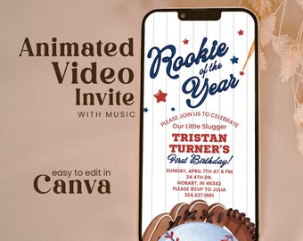 May include: A digital invitation for a baseball-themed first birthday party. The invitation features a baseball glove, baseball, and bat with a blue and red color scheme. The text on the invitation reads "Rookie of the Year" and "Tristan Turner's First Birthday!" with the date and time of the party. The invitation is designed to look like a smartphone screen.