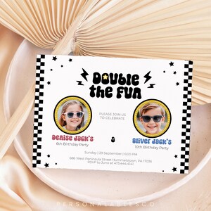 Editable Happy Dude Sibling Birthday Invitation With Picture Cool Rad Boy And Girl Dual Retro Checkered Invite 70s Groovy Twins Party Cbby01