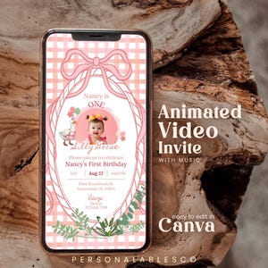 Editable One Silly Goose First Birthday Invitation Photo Video Pink Little Girl Lucky Duck Personalables Digital Party Invite Gingham Wagd01