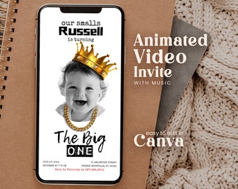 Editable Notorious One 1st Birthday Invitation Template With Picture Black White Hip-Hop Crown 90s Biggie Smalls Party Video Invite Hgbw01