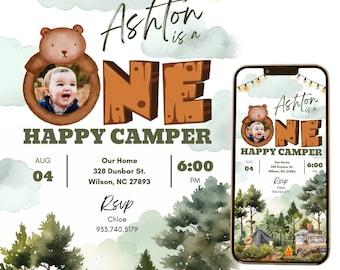 Editable One Happy Camper 1st Birthday Invitation Template With Picture Boys First Bday Rustic Woodland Trees Mountain Text Invite Facgb01