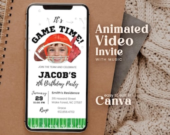 May include: A digital birthday invitation displayed on a smartphone screen featuring a football theme with an orange helmet, a brown football, and a red foam finger. The text reads It's GAME TIME! JOIN THE TEAM AND CELEBRATE JACOB'S 7th Birthday Party.