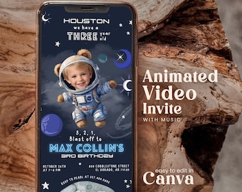 Editable Outer Space Any Age Birthday Animated Video Invite With Photo Boy Astronaut Rocket Ship Invitation Blast Off Galaxy Planets Sabv01