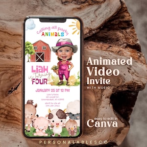 Pode incluir: Uma tela de smartphone exibindo um convite de aniversário digital com o texto Calling all party ANIMALS, Liah is turning FOUR, January 25 at 12 PM, Liah's Farm, 65 Locust Dr, Woonsocket, RI 02895 e RSVP to Lila at 277.281.2762 com animais da fazenda.