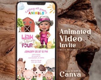 Editable Oink, Cluck, Moo Farm Animals Any Age Birthday Video Invitation With Photo Personalables Barnyard Electronic Mobile Invite Farp01