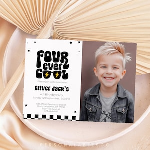 Editable Happy Dude 4th Birthday Invitation With Picture Cool Boy Fourth Rock Roll Party Rad Black Checkered 70s Groovy Retro Invite Cbby01