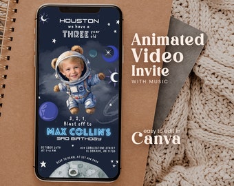 Editable Outer Space Any Age Birthday Animated Video Invite With Photo Boy Astronaut Rocket Ship Invitation Blast Off Galaxy Planets Sabv01