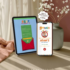 May include: A tablet and smartphone displaying a digital birthday invitation template. The tablet shows an RSVP form in a red envelope. The smartphone screen features a photo of a child, the text 3 TIMES THE FUN, and ADAM'S 3RD BIRTHDAY.