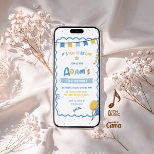 May include: A smartphone displaying a digital first birthday invitation for Adam. The design features blue and yellow bunting, balloons, and text reading IT'S FUN TO BE ONE, ADAM'S FIRST BIRTHDAY, AUGUST 30TH AT 4PM, 88 COURT COURT POINT, PLEASANT BEACH, NJ 08742.