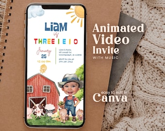 Editable Farm Three I-E-I-O 3rd Birthday Invitation Video With Photo Personalables Barnyard Animal Red Tractor Animated Mobile Invite Farp01
