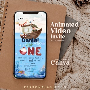 May include: A blue and white animated video invitation for a first birthday party. The invitation features a cartoon illustration of a boy on a fishing boat with the text "Daniel is o-fish-ally one". The invitation also includes the date, time, and location of the party.