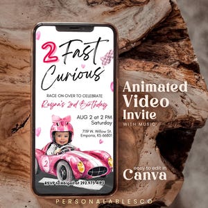 May include: A pink and white animated video invitation for a 2nd birthday party. The invitation features a cartoon image of a girl driving a pink race car. The text on the invitation reads "2 Fast Curious" and "Reyna's 2nd Birthday". The invitation also includes the date, time, and location of the party. RSVP to Abigail at 292.975 4185.