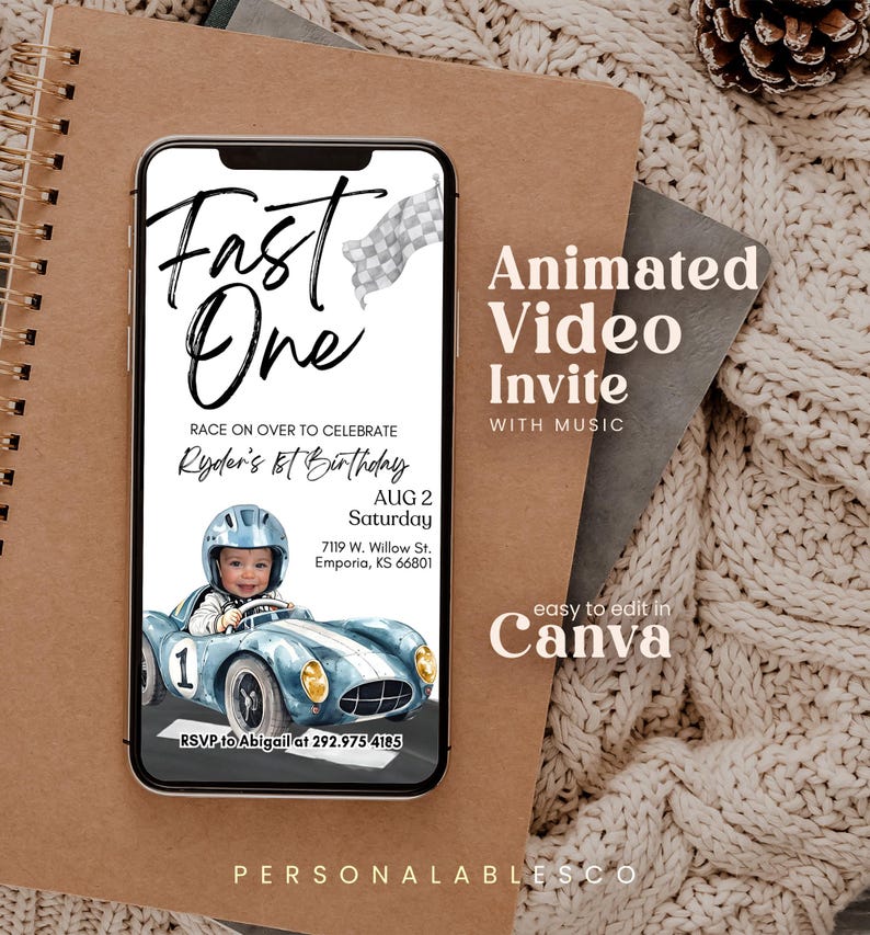 May include: A blue and white animated video invitation for a first birthday party. The invitation features a cartoon race car with a checkered flag and the text "Fast One". The invitation also includes the text "Race on over to celebrate Ryder's 1st Birthday" and the date "Aug 2 Saturday".