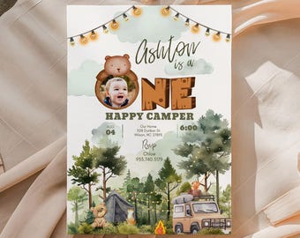 Editable One Happy Camper Invite Photo Woodland Animals Printable Invitation Personalables Wild Outdoor 1st Birthday Boy Template Facgb01