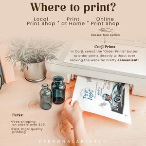 May include: A printer is shown with a printed invitation featuring a race car design. The image includes text that reads "Where to print?" and "Corjl Prints". Two small blue glass bottles are in the foreground.