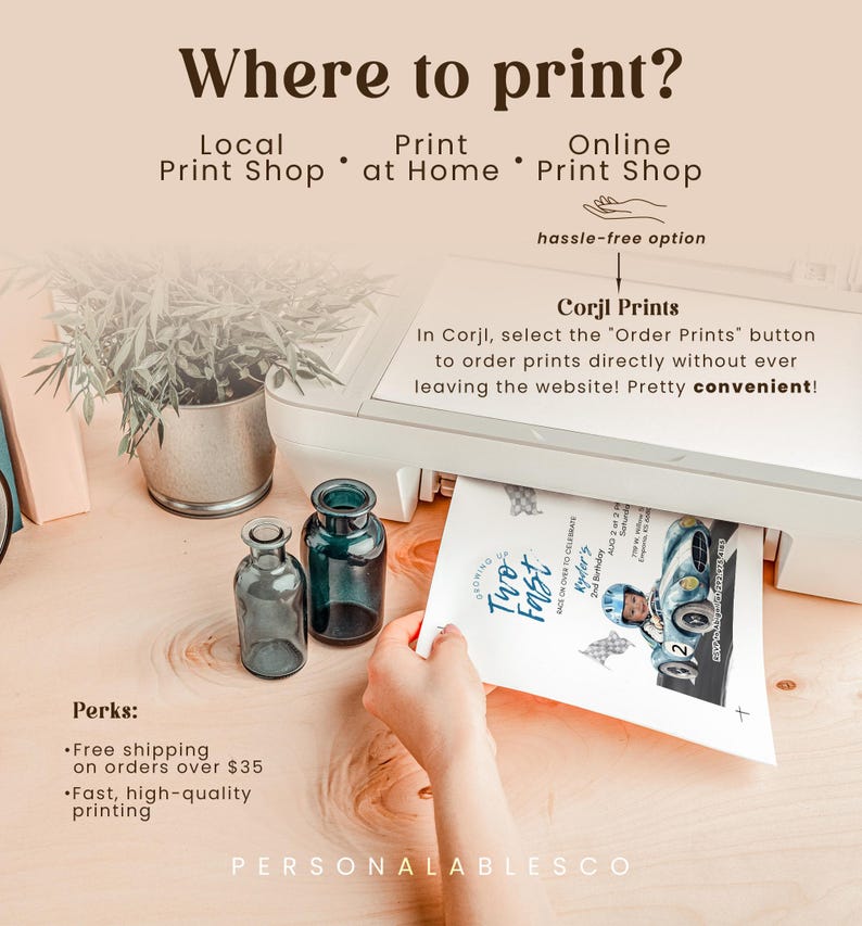 May include: A printer is shown with a printed invitation featuring a race car design. The image includes text that reads "Where to print?" and "Corjl Prints". Two small blue glass bottles are in the foreground.