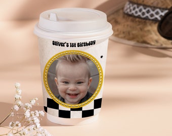 Editable One Happy Dude Cup Wrapper Boy 1st Birthday Party Décor Cool Disposable Water Bottle Label Rad Black Checkered Groovy Retro Cbby01