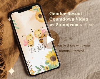 Girl Twins Gender Reveal Countdown With Sonogram, Summer Baby Bee Invitation, Pink Or Blue Baby Honey, Honeybee Pregnancy Reveal Shower Idea