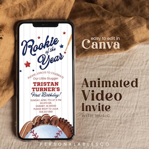 May include: A smartphone displaying a baseball-themed birthday invitation with the text Rookie of the Year, Tristan Turner's First Birthday, Sunday, April 7th at 6 PM, 24 4th Dr. Hobart, IN 46342, and Please RSVP to Julia 324.337.1981.