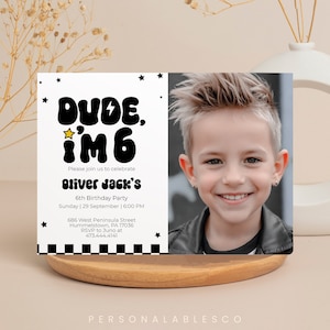 Editable Happy Dude 6th Birthday Invitation With Picture Cool Boy Sixth Rock Roll Party Rad Black Checkered 70s Groovy Retro Invite Cbby01