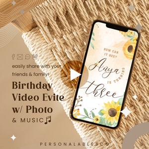 3 匹目のミツバチの誕生日招待状、写真付きのアニメーション招待状、3 匹目のミツバチとひまわりの誕生日、デジタル トロピカル フラワーの誕生日
