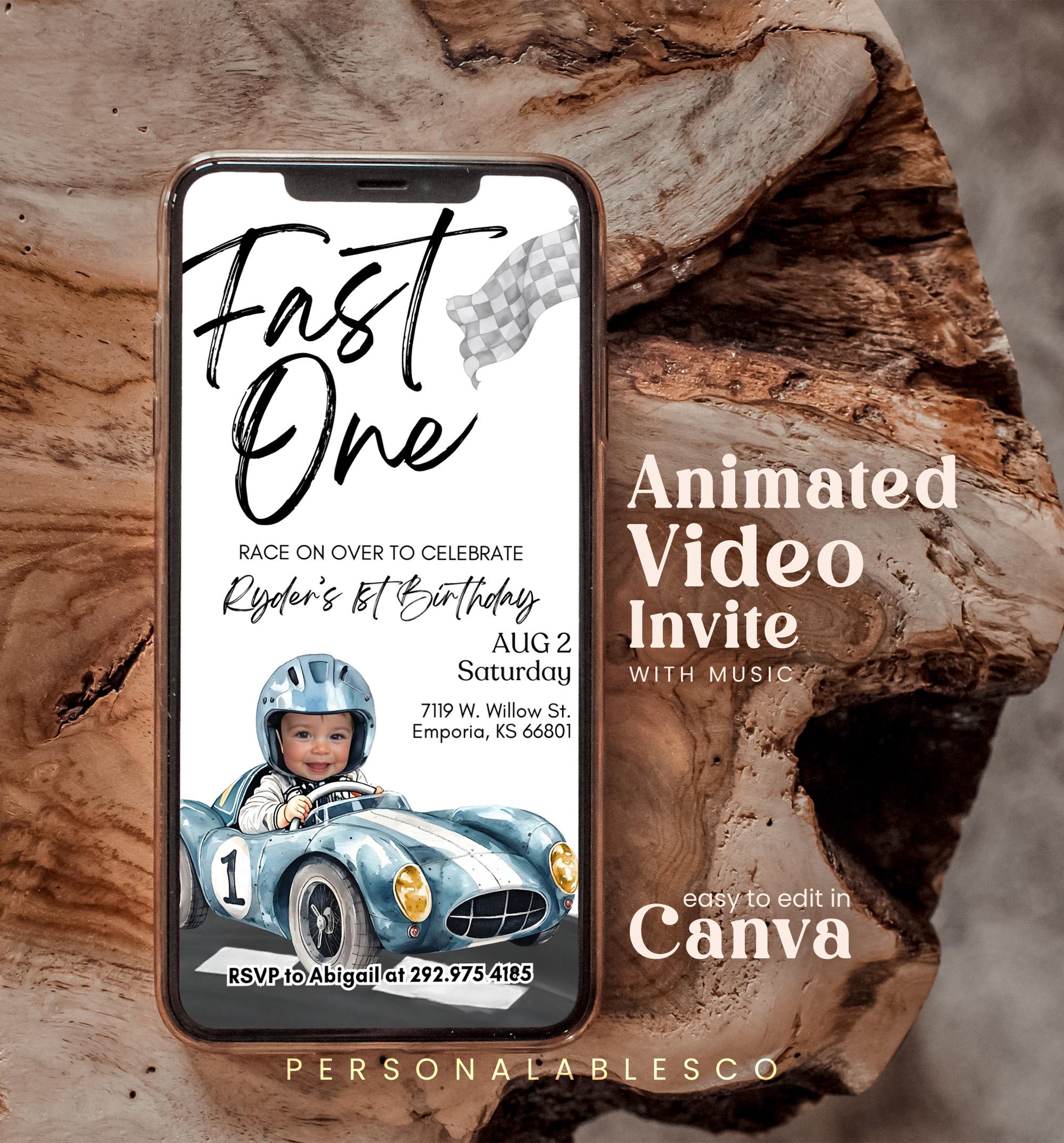 Editable Fast One Race Car 1st Birthday Animated Invitation With Photo ...