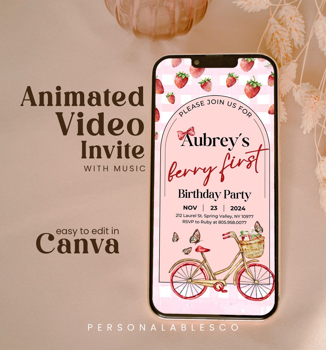 Editable Berry First Birthday Invitation Template Girl Strawberry 1st ...