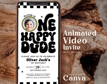 Editable One Happy Dude First Birthday Invitation With Picture Animated Electronic Cool Boy 1st Birthday Party Invite Mobile Template Cbby01