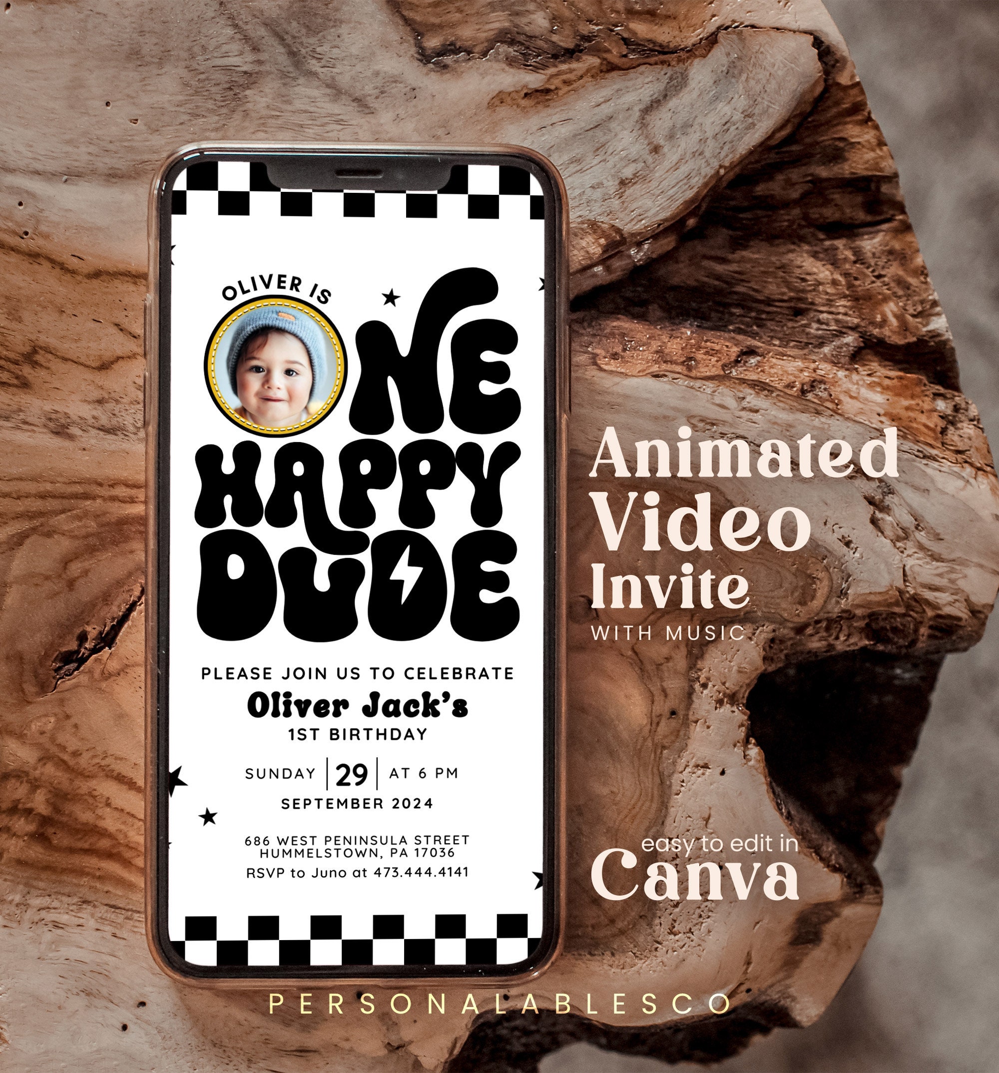 Editable One Happy Dude First Birthday Invitation With Picture Animated Electronic Cool Boy 1st Birthday Party Invite Mobile Template Cbby01