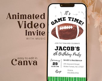 May include: A smartphone screen displaying a digital birthday invitation with a football theme. The text reads It's GAME TIME! JOIN THE TEAM AND CELEBRATE JACOB'S 7th Birthday Party, January 29, 01:00 PM, Smith's Residence, 315 Howard Street, Wake Forest, NC 27587, RSVP Grace 612.858.4702.