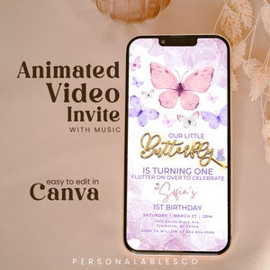 Bearbeitbarer Schmetterling Erster Geburtstag Einladungsvorlage Unser Kleines Mädchen Dreht Ein Rosa Lila 1st Party Animiertes Video ein Ibgpl01