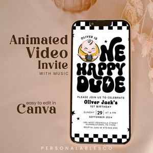 Editable One Happy Dude 1st Birthday Invitation Template Cool Baby Boy Animated Checkered First Birthday Video Mobile Text Invite Cbby01