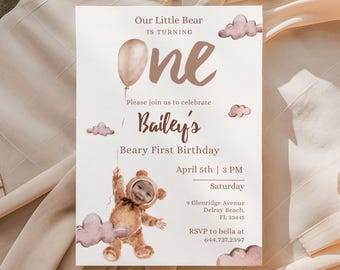 Editable Beary First Birthday Invitation Photo Printable Teddy Bear Personalables Girl Boy Turning One Party Neutral Invite Template Bmbb01
