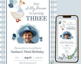 Editable Silly Goose Birthday Invitation Photo Video Blue Little Boy Lucky Duck Any Age Personalables First Digital Invite Gingham Wagd01