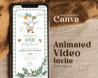 Editable One Silly Goose First Birthday Invitation Video Green Little Boy Lucky Duck Personalables Digital Party Invite Gingham Wagd01