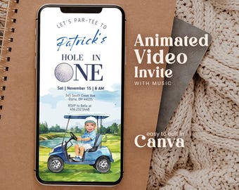 Editable Hole In One Golf 1st Birthday Animated Invitation With Photo Personalables Boy Sports Partee Golfing Animated Mobile Invite Gpwg01