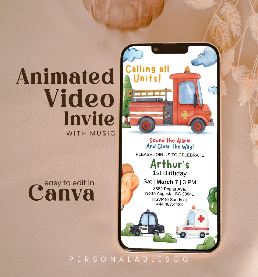 Editable Emergency Vehicles Birthday Invitation Video First Responder ...