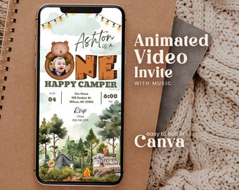 Editable One Happy Camper 1st Birthday Invitation Template With Picture Boys First Bday Rustic Woodland Trees Mountain Text Invite Facgb01