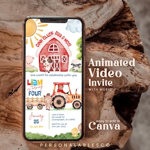 May include: A digital invitation for a farm-themed birthday party. The invitation features a red barn, a tractor, farm animals, and the text "OINK CLUCK Baa & Moo!"  "Liam is Turning FOUR"  "January 25, 12:00 PM"  "Liam's Farm 65 Locust Dr. Woonsocket, RI 02895 RSVP to Lila at 277.281.2762"  "Animated Video Invite with Music"  "easy to edit in Canva"  "PERSONALABLESCO"