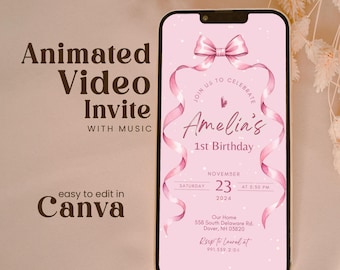 Editable Pink Bow First Birthday Invitation Video Any Age Girl Soft Pastel Watercolor Ribbon 1st Bday Party Animated Text Invite  Brpp01