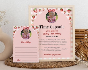 Berry First Birthday Strawberry Time Capsule Sign Card Girl Editable Template Guest Book Keepsake 1st Year Diy Memory Letter Activity Fsrg01