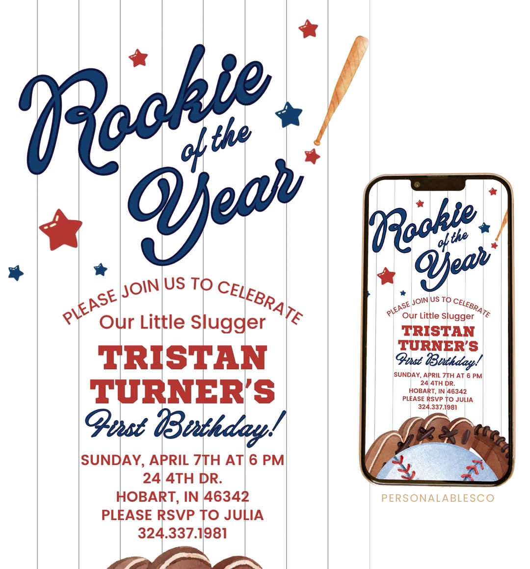 Editable Baseball Invitation First Birthday Party Rookie of the Year ...